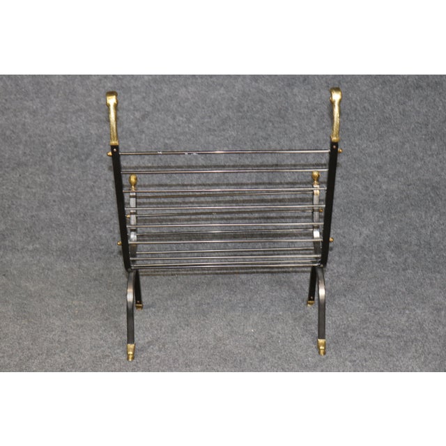 Neoclassical Maison Jansen Attributed Brass & Metal Rams Head & Hoofed Magazine Rack For Sale - Image 3 of 10