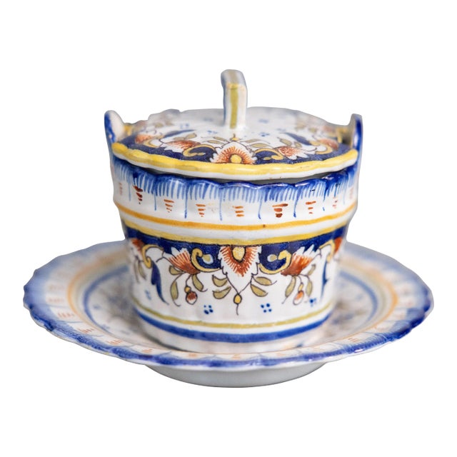 Antique French Faience Desvres Lidded Butter Bowl Dish For Sale