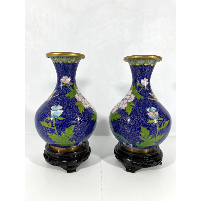 A pair of very attractive vintage Chinese peony & cherry blossom/prunus cloisonné vases that are approximately 40 years...