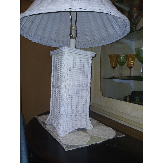 White Vintage Boho Woven Wicker Rattan Table Lamp With Large Wicker Shade For Sale - Image 8 of 10