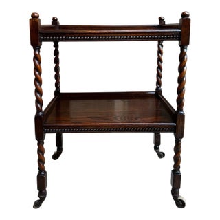Antique English Barley Twist Tea Trolley Bar Cart Table Tiger Oak Dumbwaiter For Sale