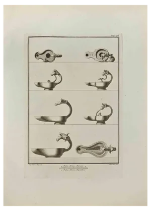 Filippo de Grado, Oil Lamp with Heads of Animals, Etching, 18th Century