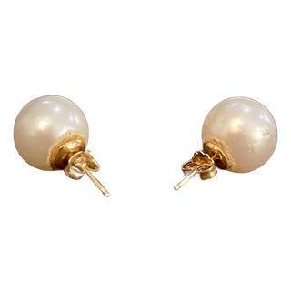 13 MM White South Sea Pearl Stud Earrings 14 Karat Yellow Gold For Sale