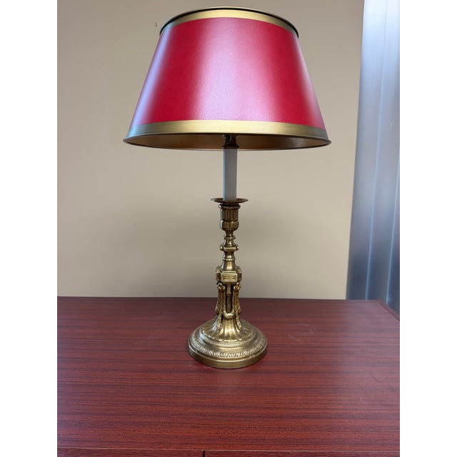 Neoclassical Solid Brass Table Lamp With Red Shade For Sale - Image 4 of 7