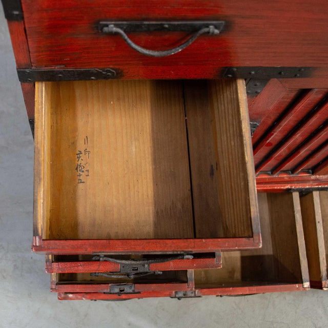Vintage Japanese Red Lacquer Merchant Chest / Choba Tansu For Sale - Image 9 of 11