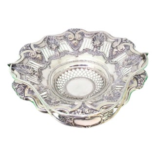Silver Fruit Bowl with Shell-Shaped Cutouts, Reliefs, Double Handle with Monogram Card For Sale