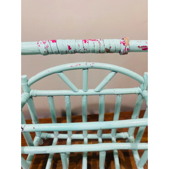 Wood 1970s Rattan Wicker Coastal Magazine Rack For Sale - Image 7 of 9