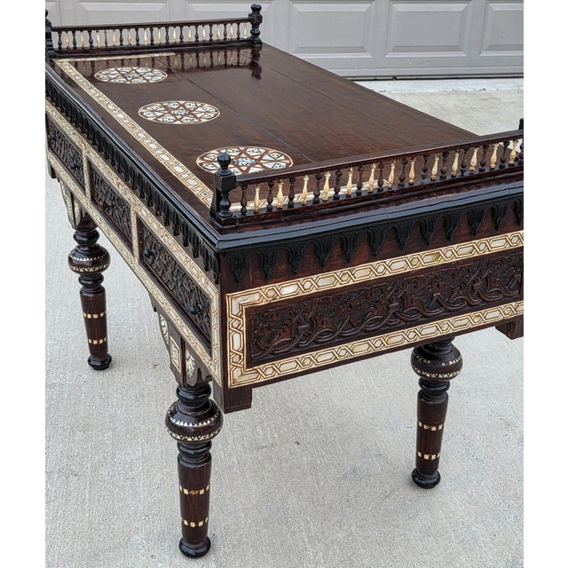 Moorish Style Antique Mother's of Pearl Inlaid Ebonized Carved Wood Library Table Desk in the Manner of Carlo Bugatti For Sale - Image 14 of 18