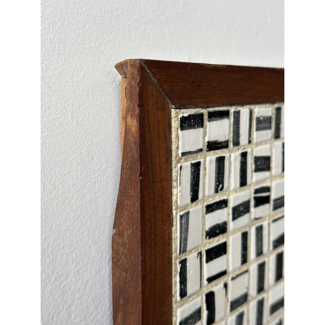 Vintage Black + White Glazed Ceramic Tile Artwork in Teak Frame, Circa 1950s For Sale - Image 14 of 14