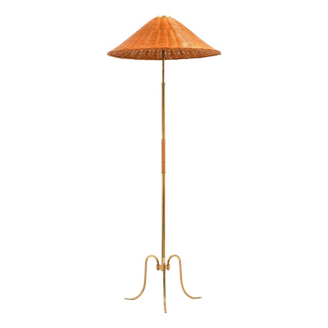 Height Adjustable Floor Lamp in Brass, Woven Cane and Rattan Shade, 1940s For Sale