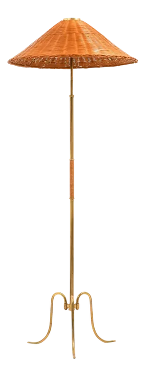 Height Adjustable Floor Lamp in Brass, Woven Cane and Rattan Shade, 1940s