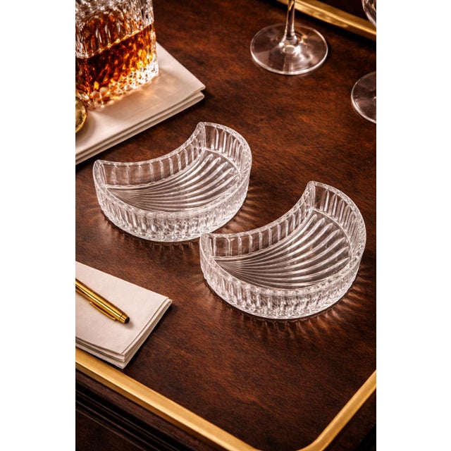Vintage Art Deco Style Ribbed Crescent Crystal Dishes — Sculptural Cocktail Accent (Pair) For Sale - Image 4 of 6