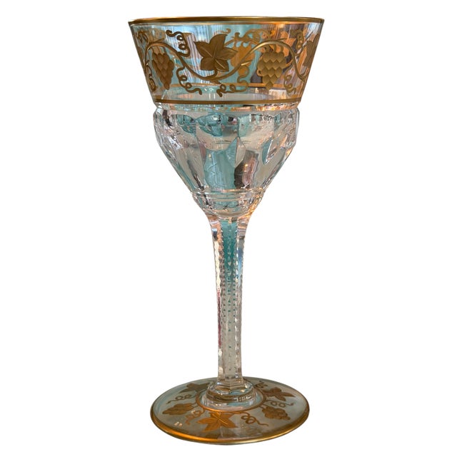 French 1 of 12 Antique Val St Lambert Gilt Decorated Engraved Crystal Wine Glass For Sale - Image 3 of 3