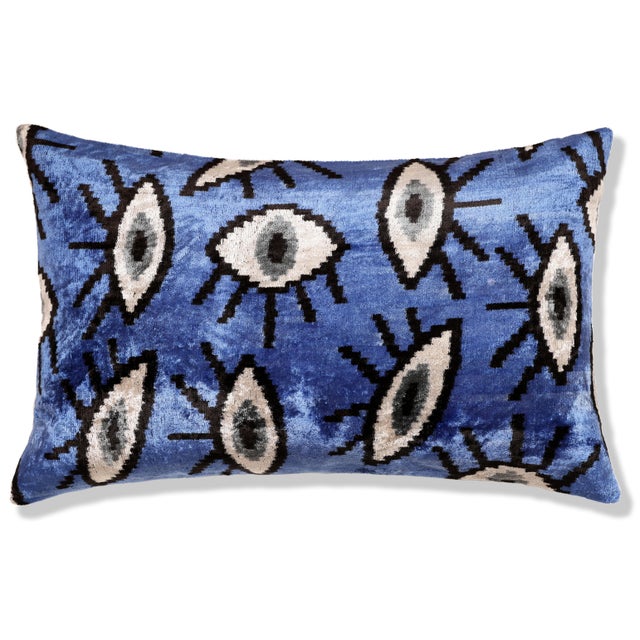 Handmade Blue Ikat Velvet Lumbar Pillow 16x24 | Sapphire & Black Abstract For Sale - Image 4 of 6