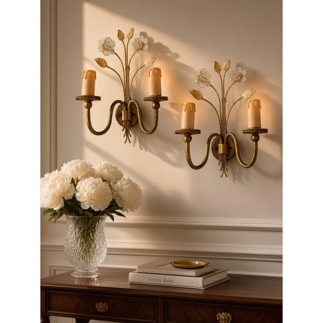 Murano Glass Flower & Gilded Sconces, Set of 2, 1960s A beautiful pair of Italian 1960s Murano glass wall sconces,...
