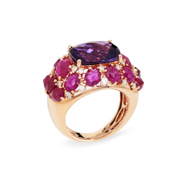 Contemporary Amethyst Ruby Diamond Ring Size 5.5 Estate 18k Rose Gold Band Gemstone Jewelry For Sale - Image 3 of 6