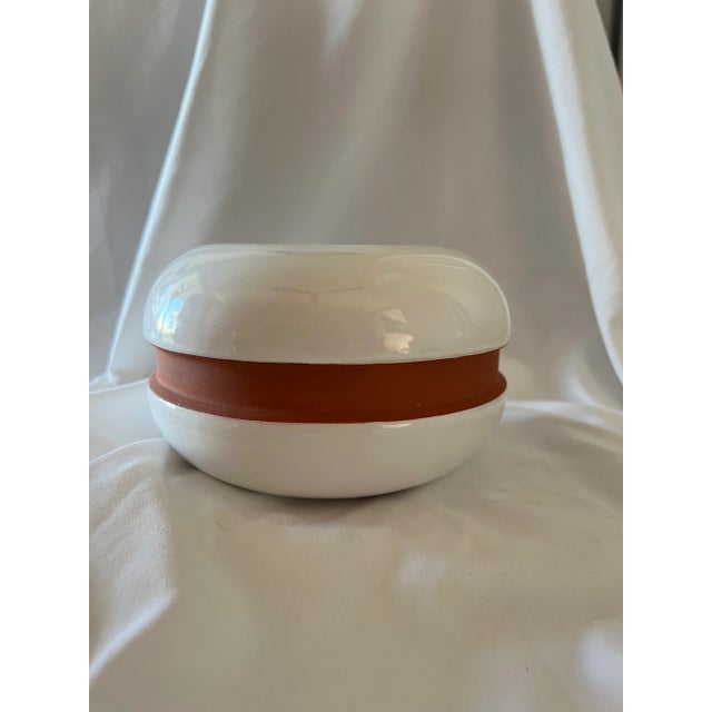 Mid Century minimalist vase in white with terra cotta stripe. Made in Portugal.