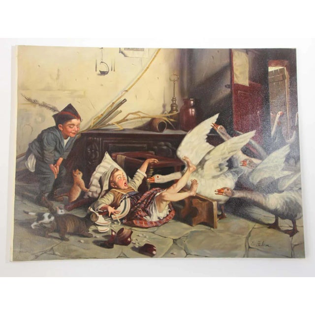 19th Century Style Painting of Children Playing with Geese For Sale - Image 11 of 13