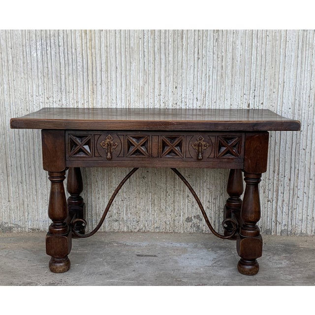 20th Century Spanish Carved Table with Iron Stretchers and Drawer For Sale - Image 9 of 18