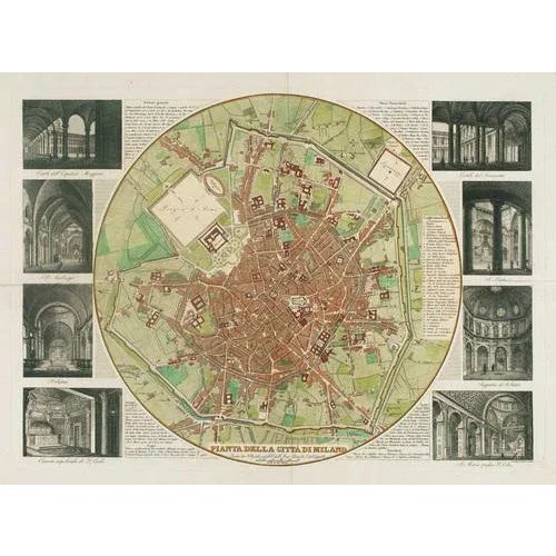 A plan of milan with vignettes of interiors stucchi, stanislao. Plan of the city of milan. Milan: bettali, c.1850,...