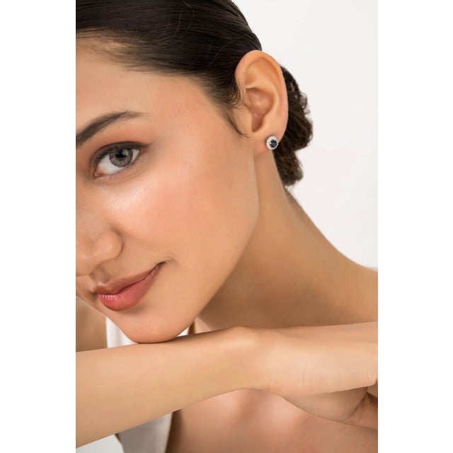 Classic Oval Blue Sapphire & Diamond Halo Stud Earrings in 14k Solid Gold- A Pair For Sale - Image 11 of 14