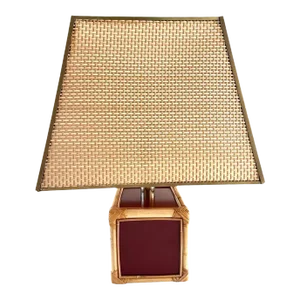 Signed French Bamboo Rattan Oxblood Lamp W"Shade