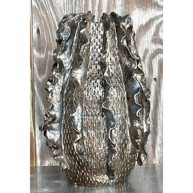 Vintage Silver Ruffle Studio Pottery Vase For Sale - Image 12 of 13
