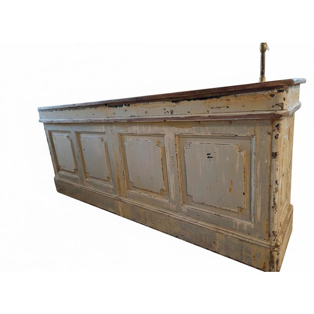 French Multi-Drawer Shop Counter in Pine With Wood Shelves and Brass Brackets For Sale - Image 9 of 9