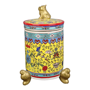 Chinese Vintage Ceramic Pot,Qing Dynasty Kangxi Marked Yellow Ground Famille Rose Porcelain Three Legs Tea Jar Hand Painted Flowers Pattern