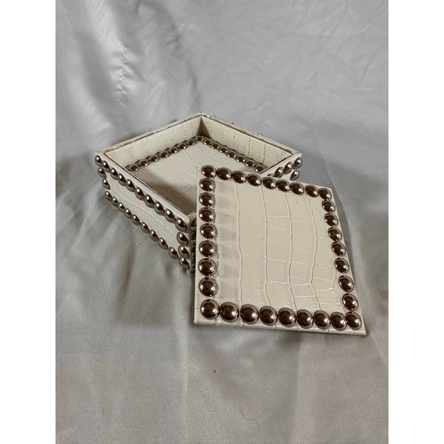 Modern 1990s Cool, Faux Alligator, Print, Stacking 4 Coasters With Silver Nail Heads with Box For Sale - Image 3 of 4