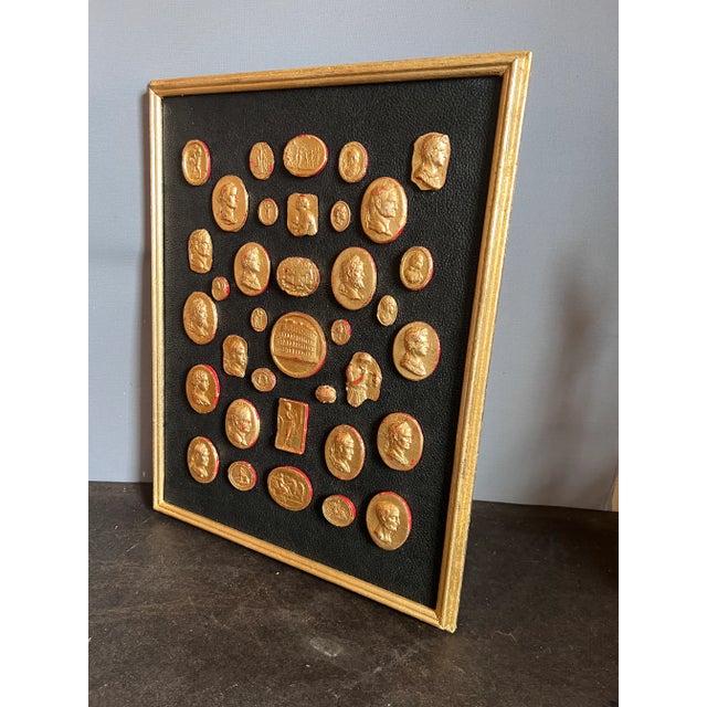 #157 Grand Tour Revival Gilded Intaglio Arrangement on the Leather Board and in Gilt Frame For Sale - Image 4 of 12