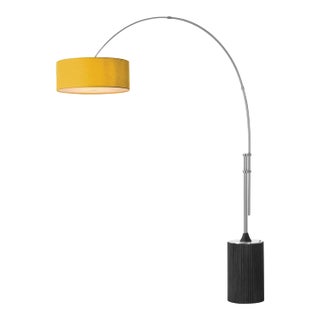 Tambo 92"h 1-Light Arc Lamp, Mustard Linen Shade, Black Oak Base, Satin Nickel, Dimmable, for Living Room or Bedroom For Sale