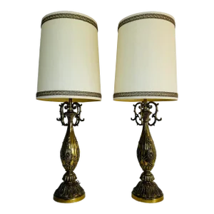 Vintage 1960s Floral Brass Table Lamps With Shades, a Pair