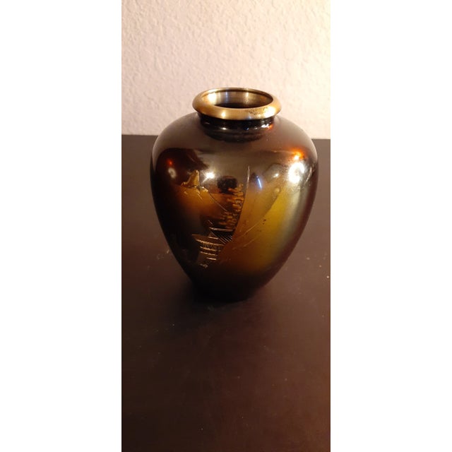 Japanese Vintage Japanese Etched Brass Bud Vases - Set of 2 For Sale - Image 3 of 8