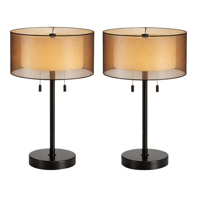 Pair of Modern Black Table Lamps With Gold Molded Drum Shades & Pull Chains For Sale