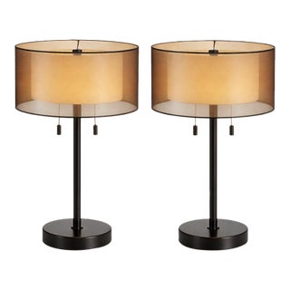 Pair of Modern Table Lamps With Gold Molded Drum Shades & Pull Chains For Sale