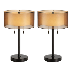 Pair of Modern Table Lamps With Gold Molded Drum Shades & Pull Chains