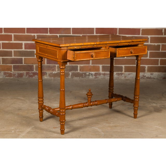 Brown Mid 20th Century English Pine Faux Bamboo Desk with Two Drawers and H-Form Cross Stretcher For Sale - Image 8 of 12
