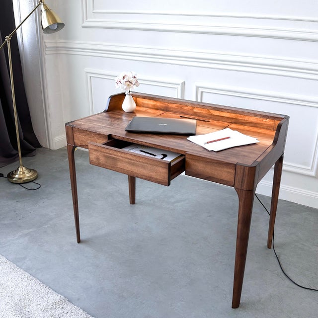 Handcrafted Mid-Century Modern Walnut Writing Desk With Led Lighting, Drawer, and Built-in Cable Management For Sale - Image 9 of 18