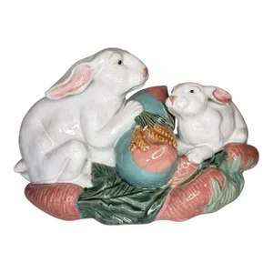 Vintage White Rabbits Carrots Statue