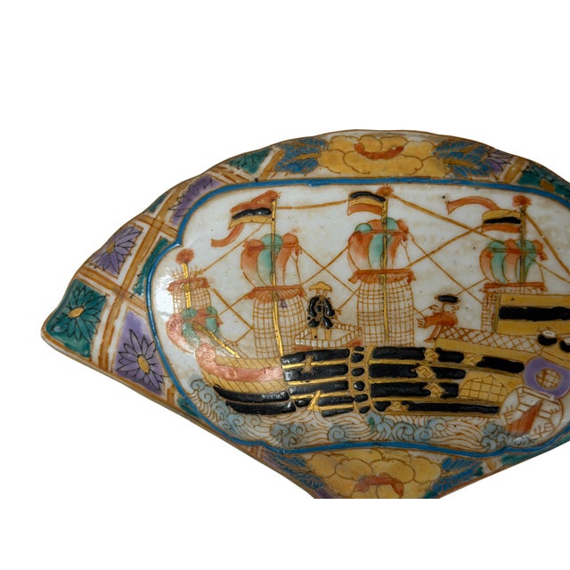 Vintage Western Sailing Ship Graphic Fan Shape Porcelain Trinket Box For Sale - Image 4 of 9