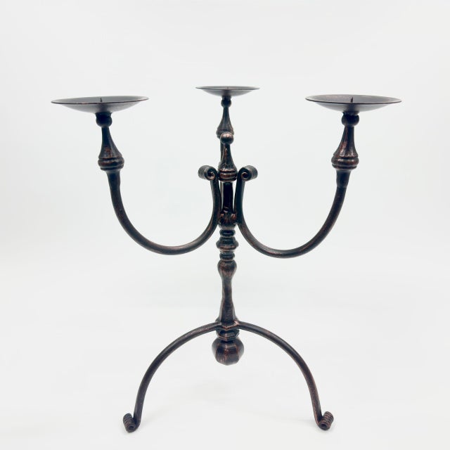 Auburn Hand Forged Iron Candelabra 19.5″ (50cm) Antique Copper Finish Wide & Conversation Friendly Tabletop Centerpiece For Sale - Image 8 of 8