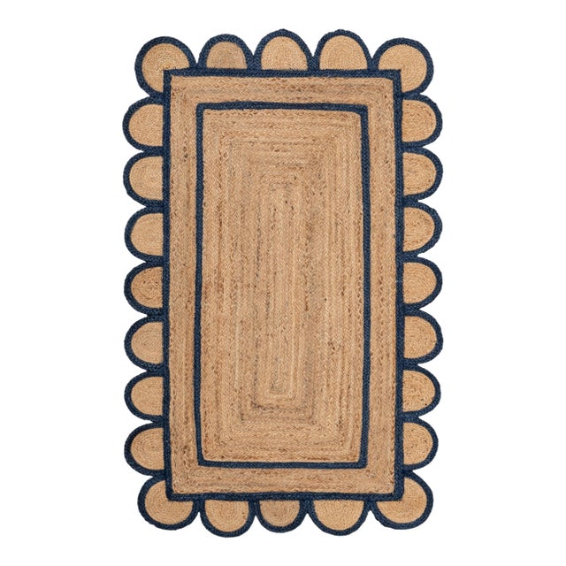 Scallop Jute Navy Hand Made Rug - 2.6'x5' For Sale