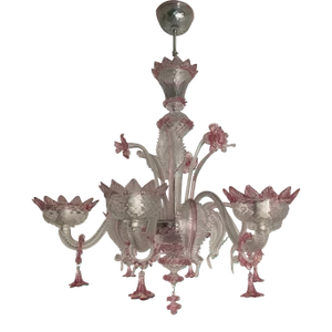 Transparent and Pink Murano Style Glass Chandelier With Flowers and Leaves