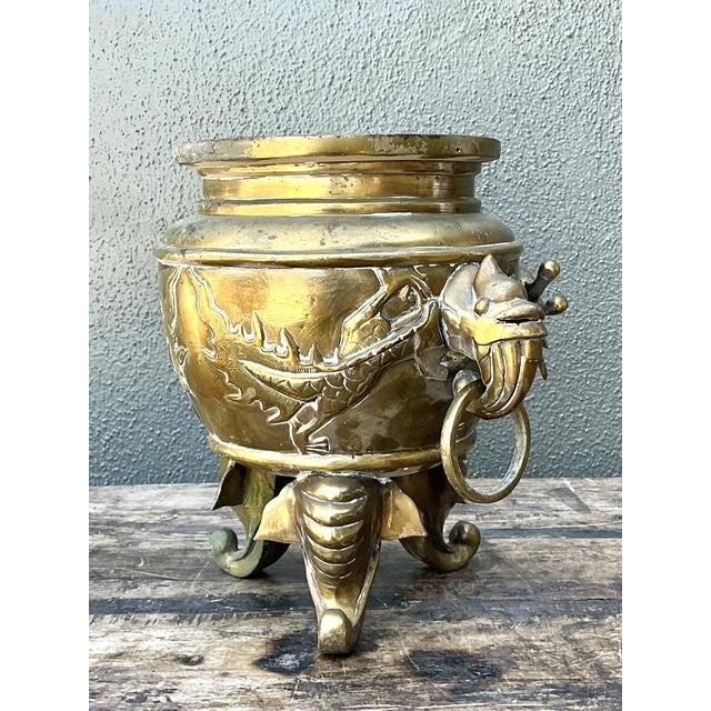 Mid 20th Century Vintage Asian Brass Dragon Cache Pot For Sale - Image 5 of 13
