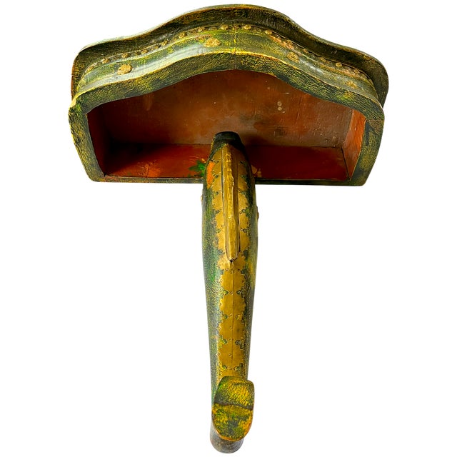 1960s Mid-Century Florentine-Style Artisan-Made Painted Green Wood & Brass Demilune Wall Console Shelf With Stylized Fish Bracket For Sale - Image 5 of 10