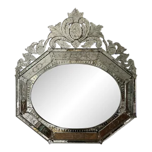 Vintage 1990s Venetian Style Octagon Mirror With Etched Glass and Beveled Oval Mirror