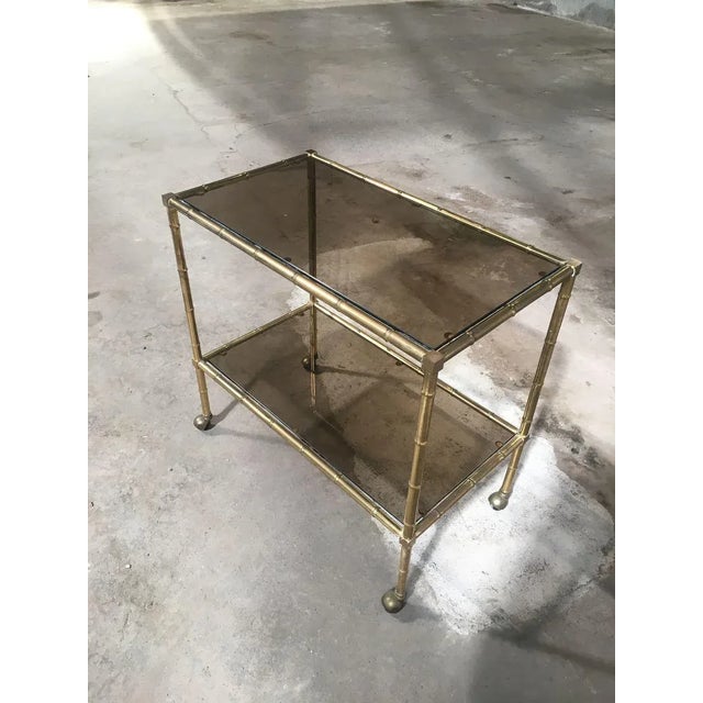 Mid-Century Modern Mid-Century Modern French Gilt Metal & Faux Bamboo Bar Cart with Smoked Glasses by Maison Baguès, 1960s For Sale - Image 3 of 11