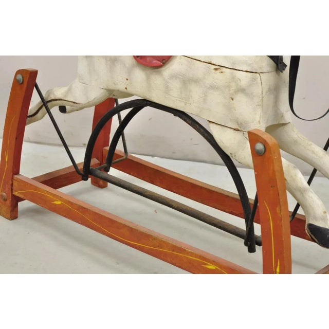 Antique Victorian White & Red Painted Carved Wood Rocking Horse Glider Childs Toy For Sale In Philadelphia - Image 6 of 11