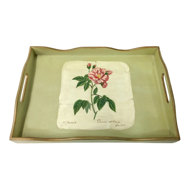 Vintage rectangular wooden tray green with hand painted floral design on paper.